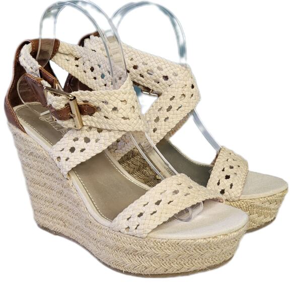 Brash Neutral Beige Ivory Crochet Straps Wedge Espadrille Sandals sz 9 - Picture 1 of 8